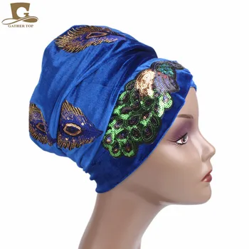 

5pcs/wholesales New Elegant Sequined Peacock Embroidery Extra Long Velvet Turban Head Wrap Stylish Nigerian Turban Women Africa