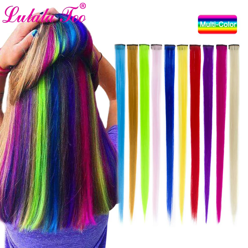 Длинные прямые женские синтетические накладные волосы, 50 см, 20 дюймов, цвета радуги, фиолетовый, розовый, красный, синий