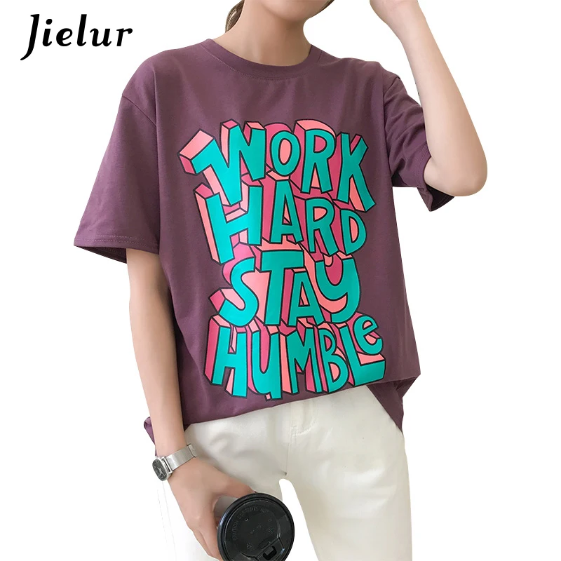 Jielur Hipster Письмо печати Фиолетовый Футболка Femme корейский стиль Женская футболка в