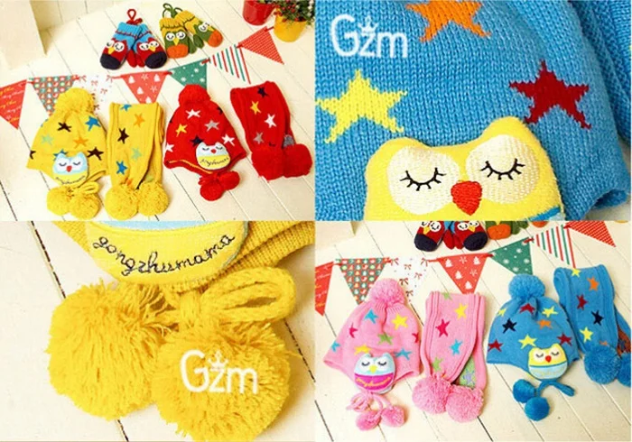 BH40 Kids Boys Girls Crochet Winter Warm Beanie Five Pointed Star Baby Hat Earflap Protection Scarf+Cap 2pc