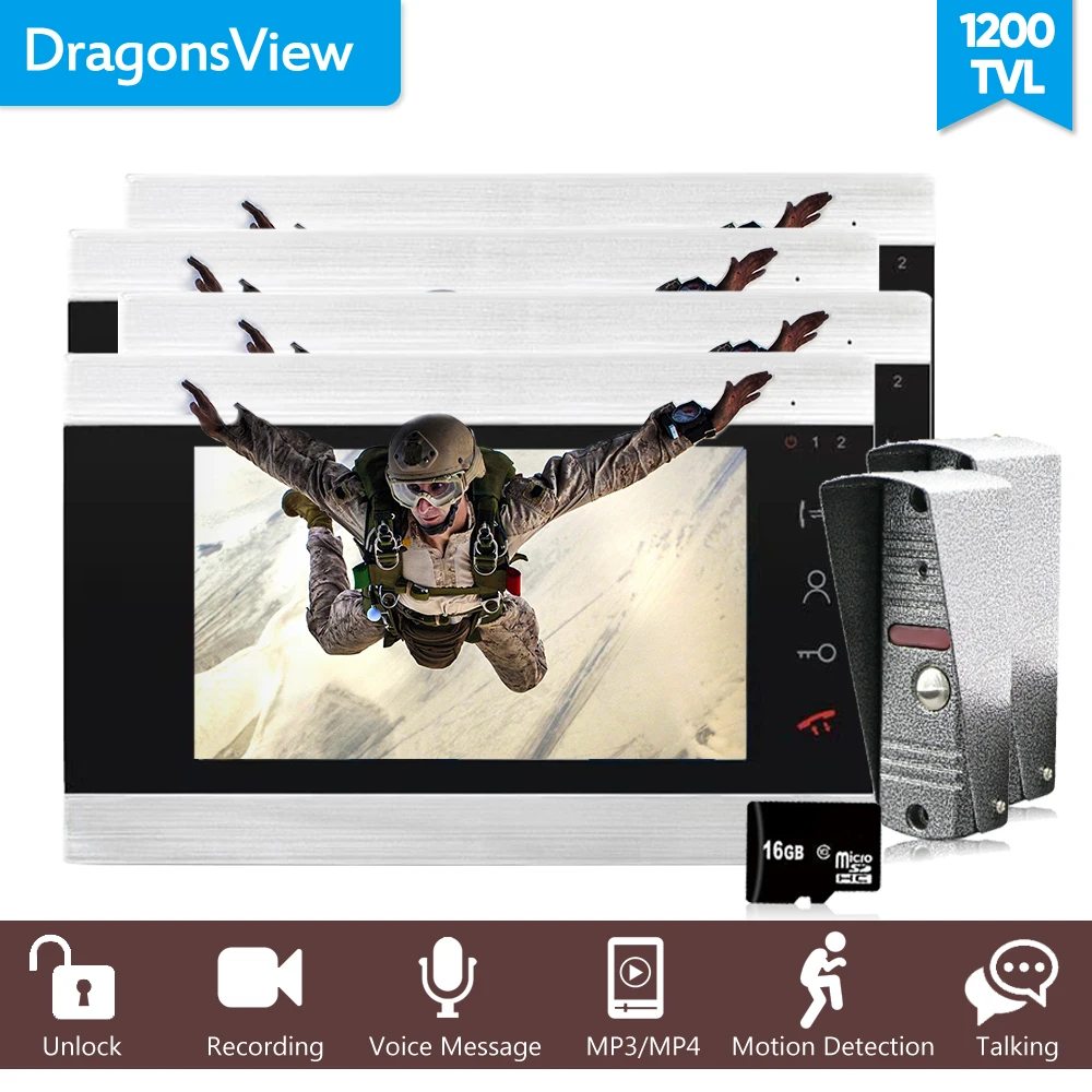 Dragonsview 7 дюймов видеодомофон домофон система дверного звонка 4 монитора и 2