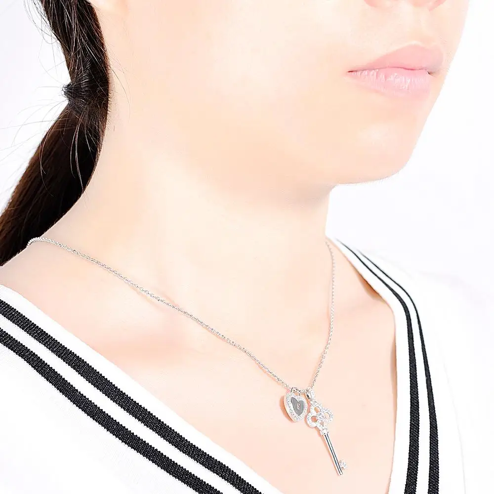 SANTUZZA 925 Sterling Silver Pendant for Women Fit for Necklace Key Heart Lock Romantic White Cubic Zirconia Trendy Fine Jewelry