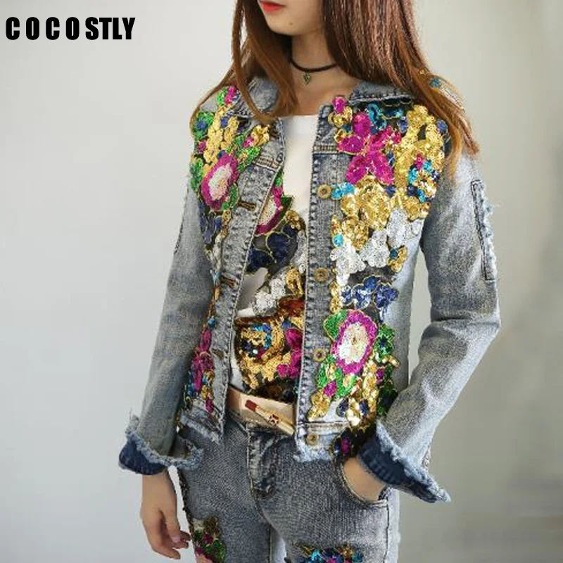 

2019 Autumn Jacket Women Denim Embroidery Rose Floral Beading Pearl Sequin Patch Epaulet Ripped Hole Bomber Denim Jacket