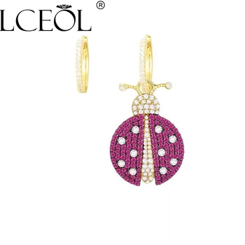

LCEOL Luxurious Paved Cubic Zirconia Drop Earrings Silver Color Asymmetry Earring White And Purple Rhinestone Crystal Ladybird