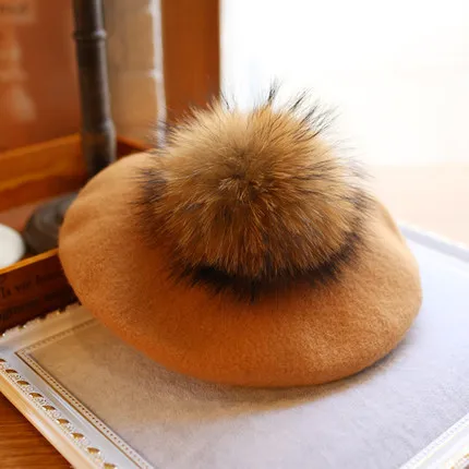 

Wearzone Fashion Winter Wool Felt Berets women Artist Boina Real Racoon Fur Cap New 15cm Pom Gorras planas Flat cap Female hats