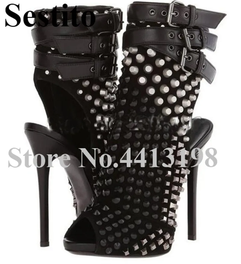 

2019 Newest Fashion Black White Rivet Woman Boots Peep Toe Ankle Boots Ankle buckle For Women Thin High Heels Autumn Women Shoes