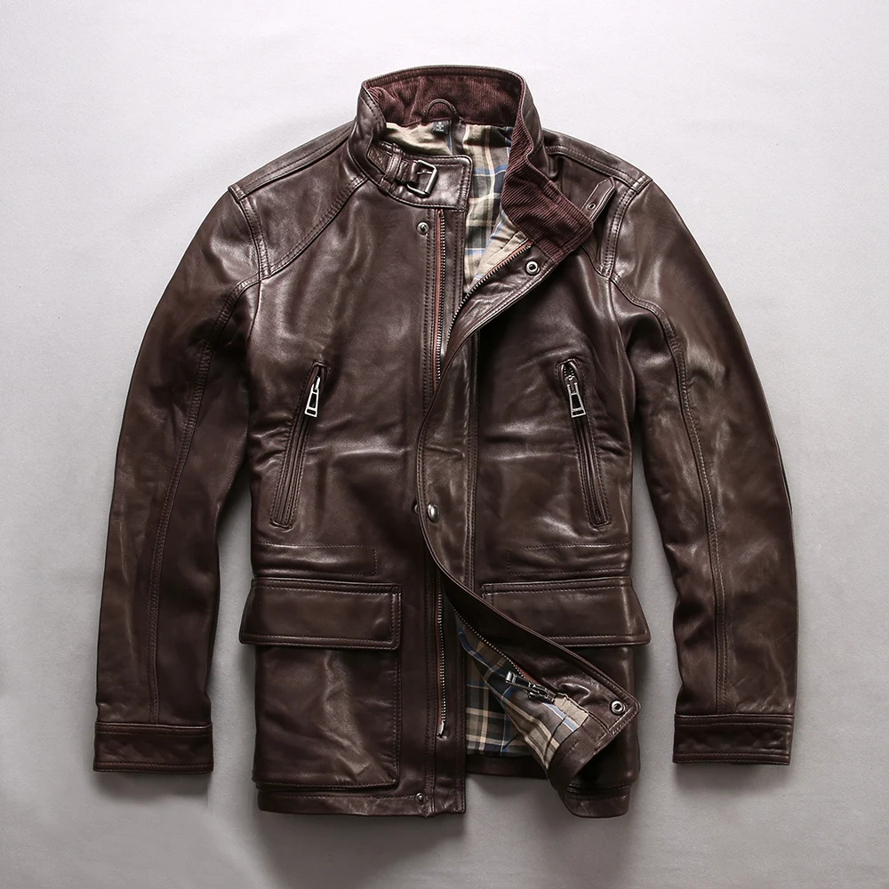 

2018 Fashion genuine leather jacket men solid slim fit real leather coat casual sheepskin Standing collar men's jacket