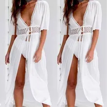 Модные женские летние свободные белые вечерние пляжные платья с v-образным вырезом, пляжная одежда размера плюс S-3XL