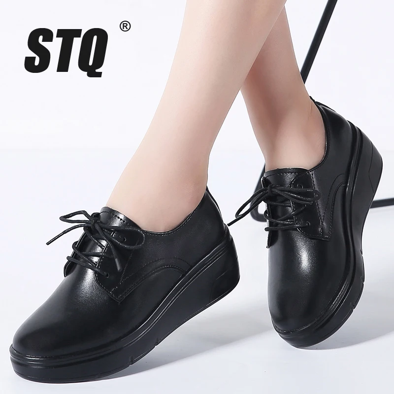 STQ 2019 Spring women flat platform shoes genuine Leather lace up flat