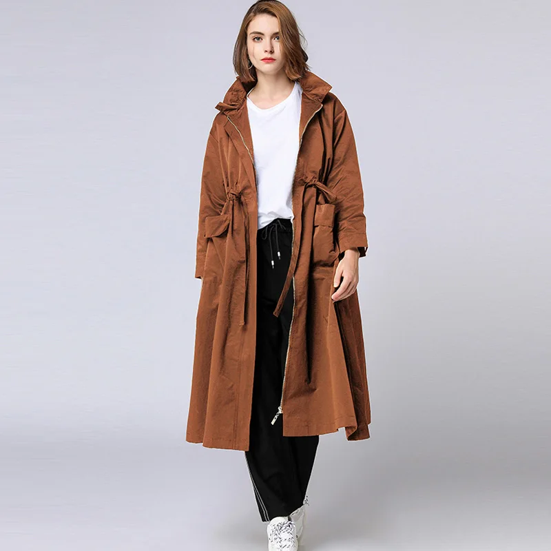 Koop Plus size vrouwen Elegante lange jas lotusblad kraag Losse Rits trenchcoat Grote maat dames Vroege herfst winter nieuwe XL 4XL