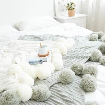 

INS Gray color cotton bed blanket with cute balls decoration ,summer air-condition office blanket, pink comfortable throw