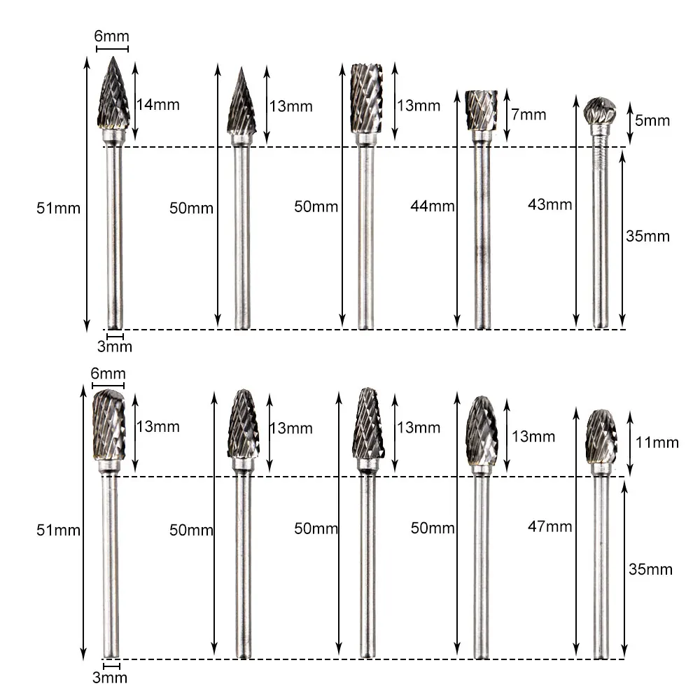 10 шт. 1/" хвостовик карбида вольфрама фреза роторный инструмент заусенцы двойной алмазной огранки роторный дремель инструменты электрический шлифовальный