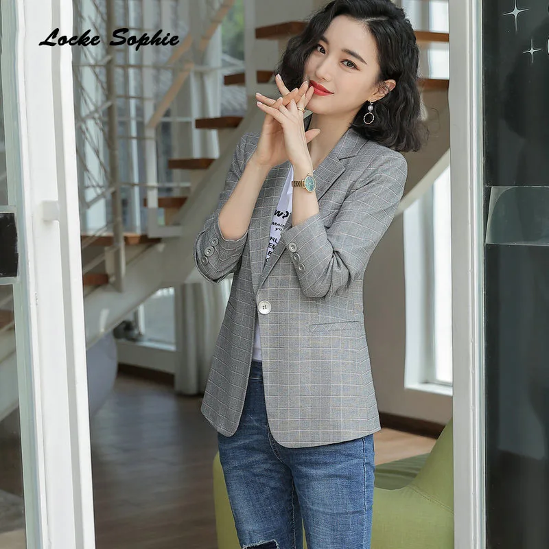 1pcs Women's Plus size Blazers coats 2019 Summer cotton blend plaid Long sleeves Small Suits jackets ladies Skinny Blazers Suit