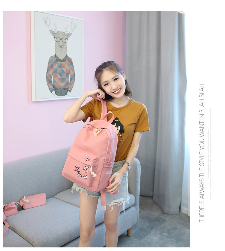 Menghuo 5 Pcsset Women Backpacks Cute Plane Badge School Bags For Teenage Girls Simple Canvas Backpacks Ladies Shoulder Bags (12)