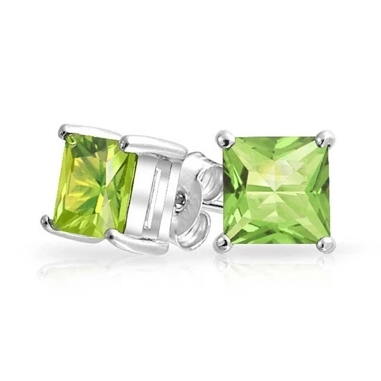 1 Ct Square Princess Cut 10K White Gold Peridot Stud Earrings August Birthstone
