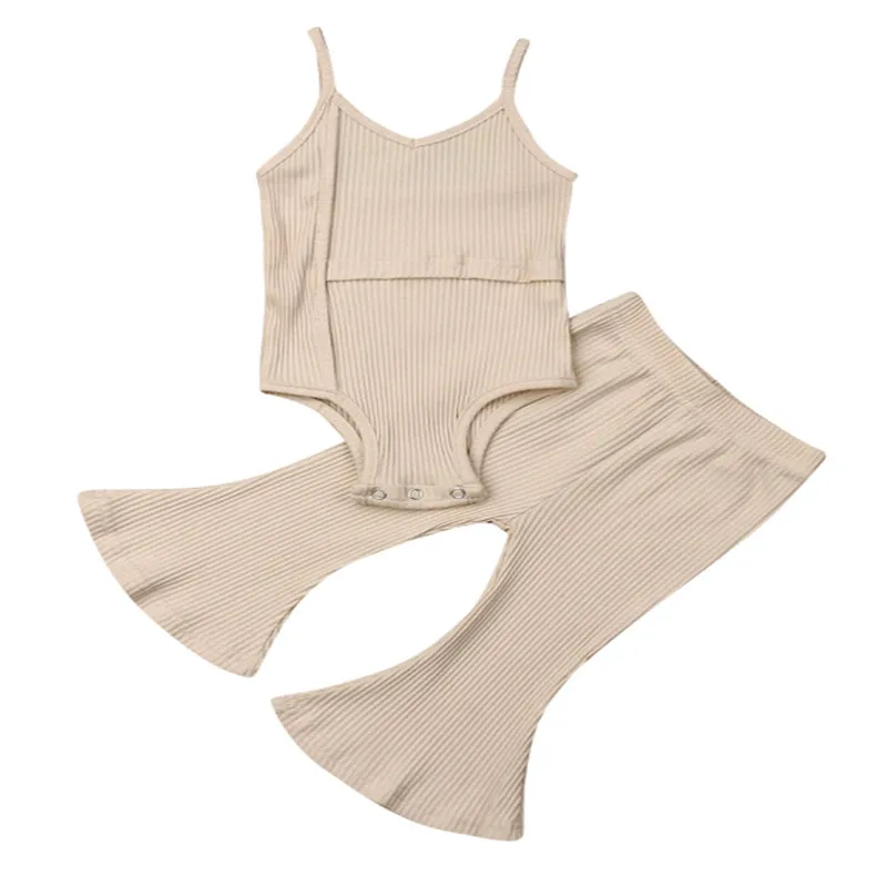 

Newborn Baby Girls Solid knitting suits Sleeveless v neck Romper Top+Long Bell Bottoms wide leg Pants Outfits Clothes 0-3T