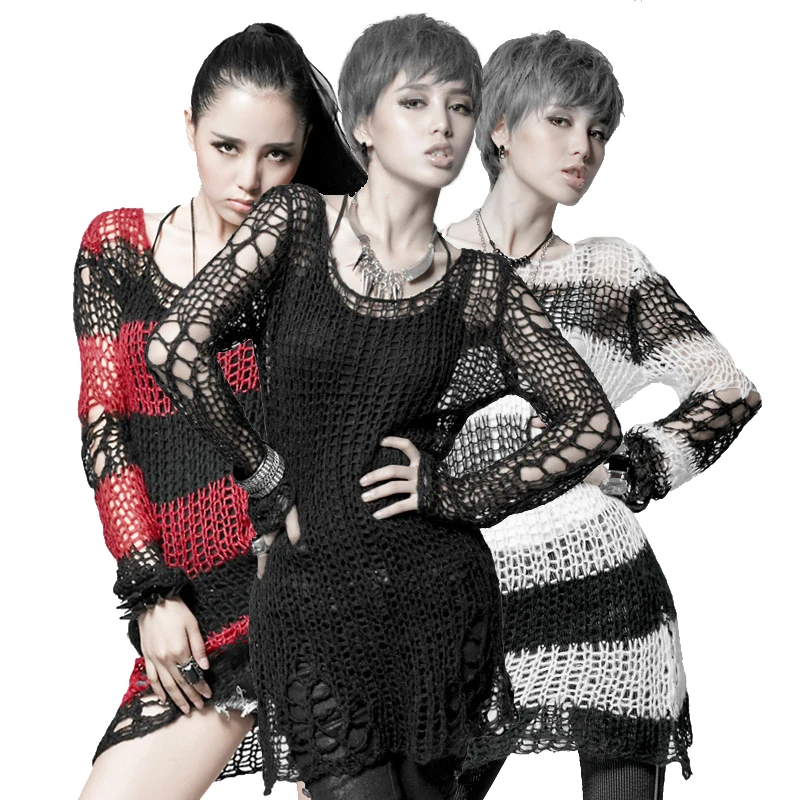 

Fashion New Punk Visual Sweater for Women Gothic Broken Hole Pullover Striped Sexy Computer Knit Long Sleeves Casual Pullovers