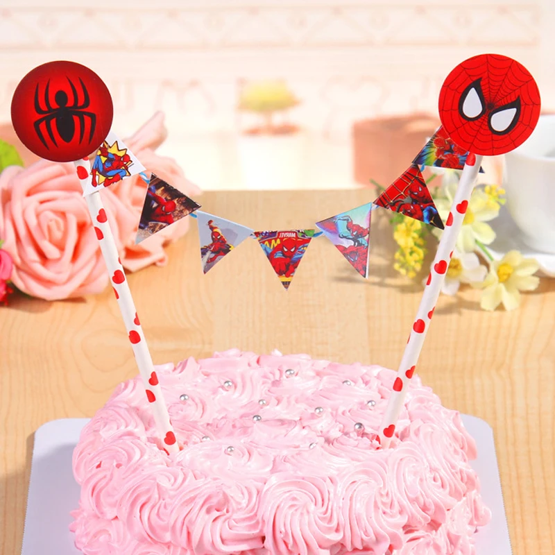 Straw String Banner Happy Birthday Spiderman Cake Topper Boy Super