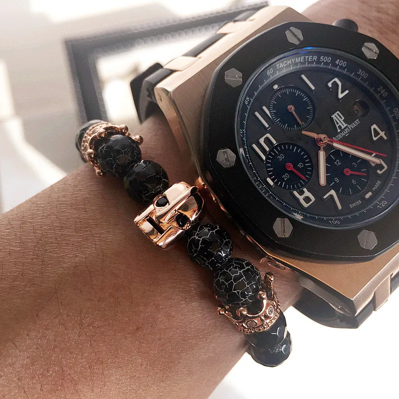 Roman Knight Spartan Warrior Gladiator Helmet Bracelet Men Natural Agate Weathered rocks Stone Bead Bracelet With