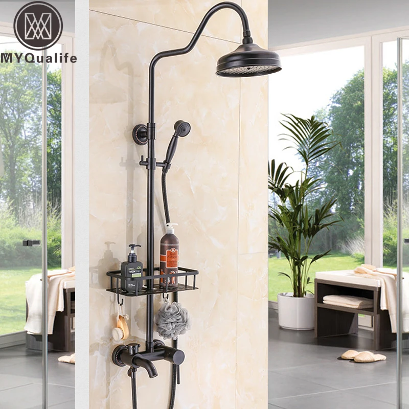 Wall Mount Black Rainfall Bath Shower Set Faucet One Handle Bathroom Shower Mixers Brass Commodity Shelf Basket Rain Shower Kit