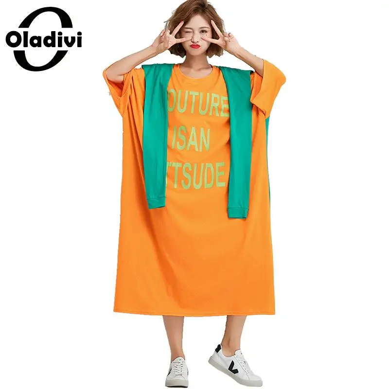 

Oladivi Oversized Plus Size Women Letter Print Summer Casual Shirt Dress Ladies Loose Scarf Round Neck Dresses Female Vestidos