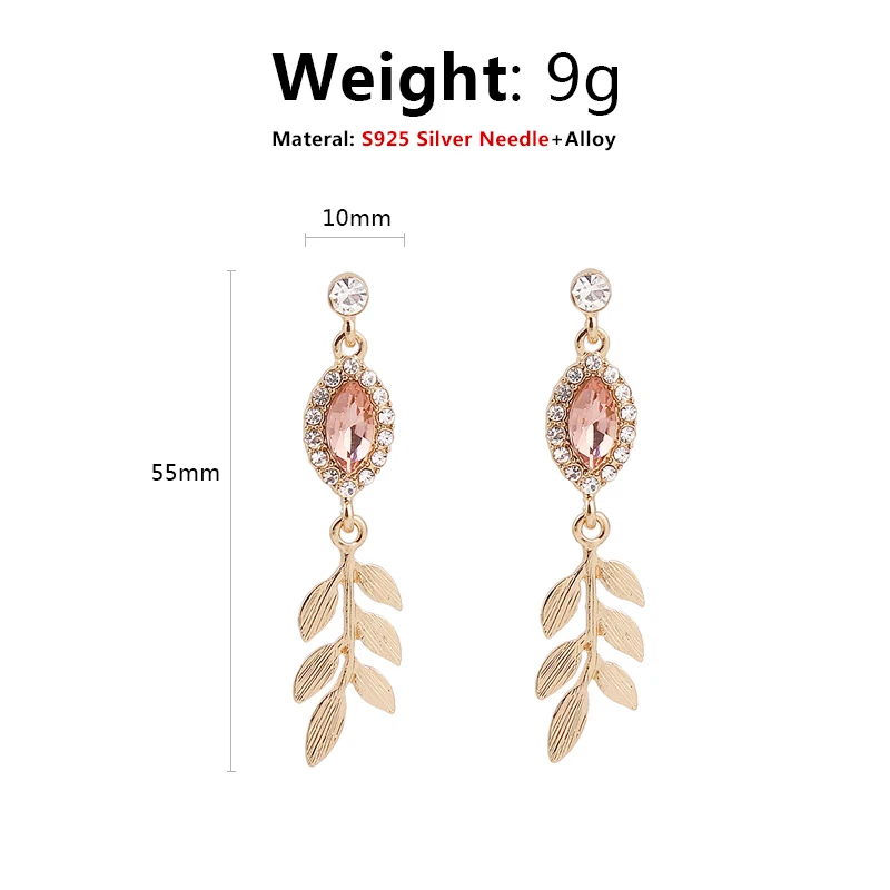 Shiny Crystal Rhinestone Leaf Long Drop Fashion Statement Earrings