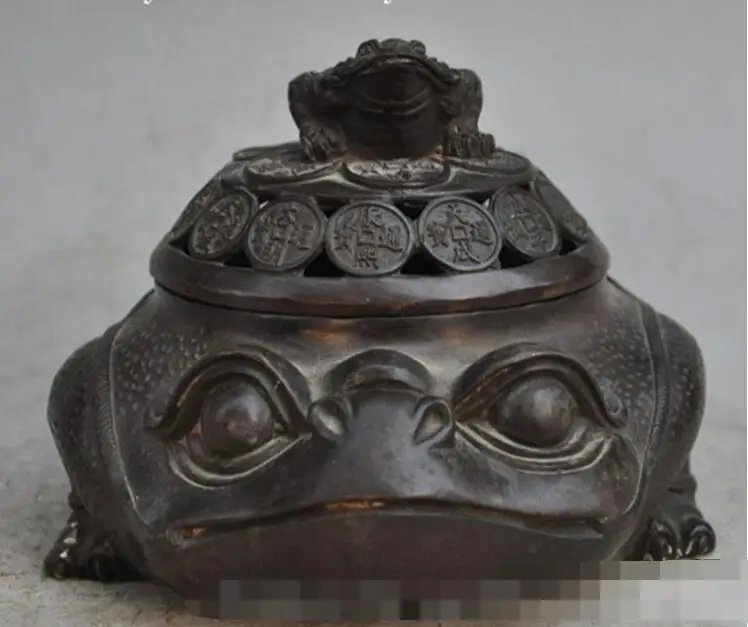 

S06865 7"chinese Feng Shui bronze wealth Coin Golden Toad statue incense burner Censer discount 30% (C0324)