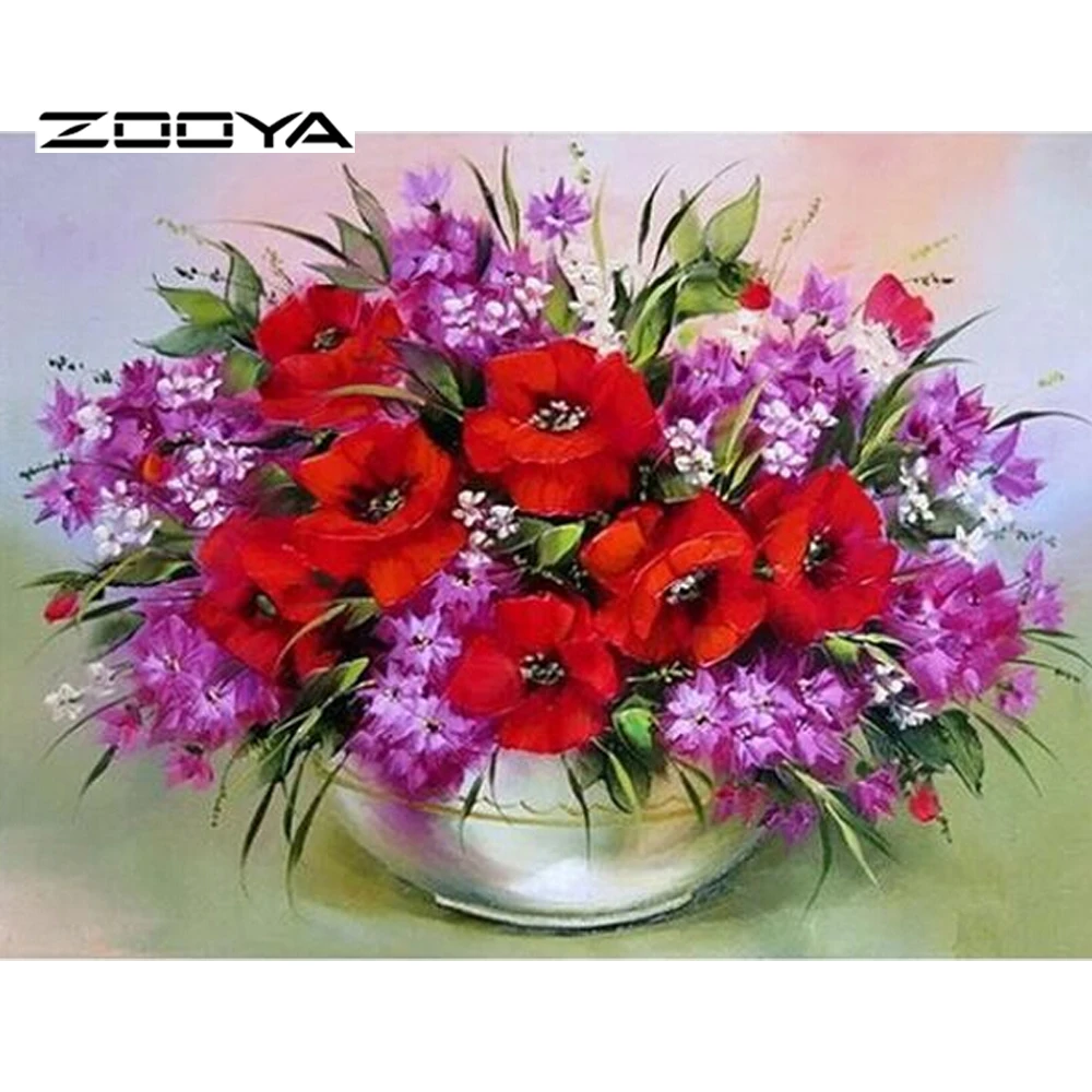 

ZOOYA Diamond Embroidery Red &Purple Flower Vase 3d Cross Stitch Kits For Needlework Full Diamond Mosaic Home Decoration F642