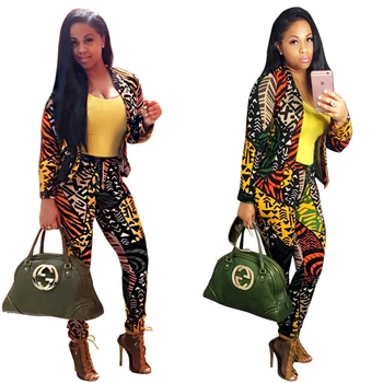 

Women Two Piece Set Female Autumn Print Tracksuit Jacket +Long Pencil Pants Ladies Long Sleeve Outfit Femme Casual Suits