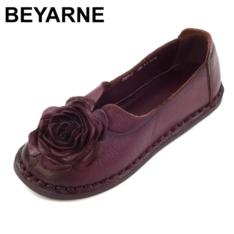

BEYARNE Retro Pure Handmade Shoes Genuine Leather Women Shoes Elegant Flowers Flats Comfortable Round Toe Leisure Flat Shoes