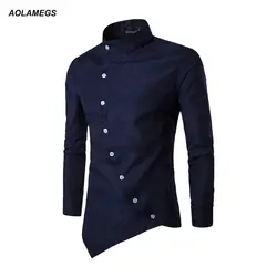 Aolamegs для мужчин рубашка с длинными рукавами Косой Подол твердые рубашки для мальчиков Стенд воротник хлопок мужской повседневное модн