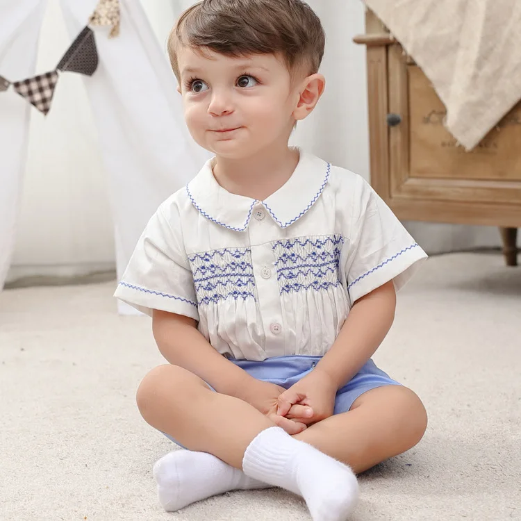 light blue Коллекция года, Новое поступление, летняя одежда на крещение мальчика хлопковая качественная рубашка принца+ шорты комплект из двух предметов, Высококачественная детская одежда, G520 - Color: light blue