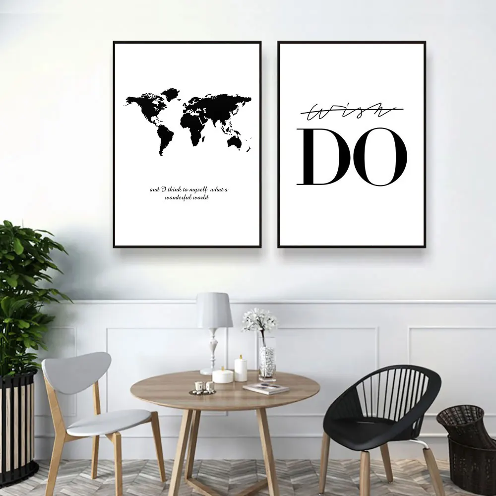 

World Map Poster Black And White Canvas Abstract Painting Nordic Quotes Painting Canvas Print Wall Art Living Room Unframed