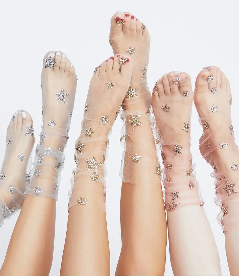 Новые летние блестящие тюлевые носки со звездами женские газовые носки корейские сексуальные женские прозрачные шелковые ультратонкие кружевные пятиконечные носки с дизайном «звёзды» подарок