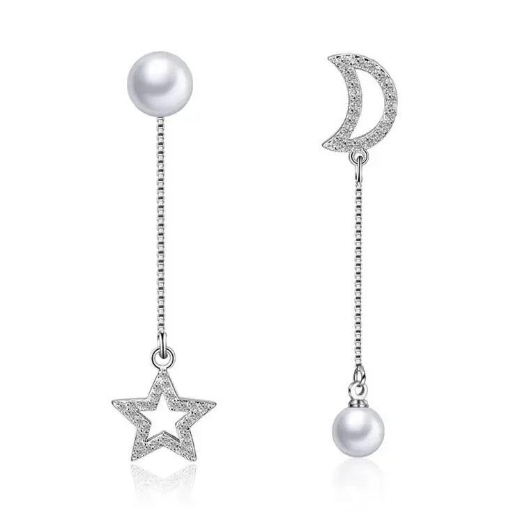 

2017 new arrival high quality fashion moon & star crystal pearl 925 sterling silver ladies`stud earrings female jewelry gift