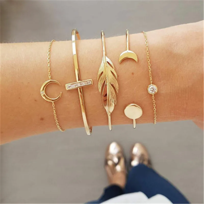 

5 piece set / fashion punk style golden moon leaf geometry open bracelet set ladies charm accessories size adjustable C545