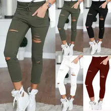 2019 Cargo Pants Women Fashion Slim High Waisted Stretchy Skinny Broken Hole Pencil Pants Solid Color Streetwear Trousers Womens trendy broken hole pocket design solid color denim pants for women