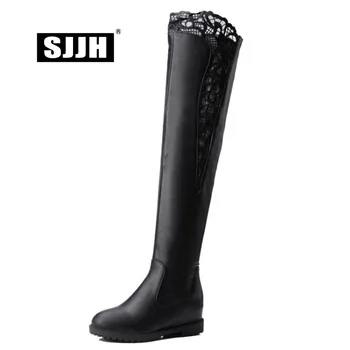 

SJJH Women Sexy Over-the-Knee Flat Boots with Round Toe Black Embroider Long Boots Fashion Casual Sweet Shoes Large Size Q308