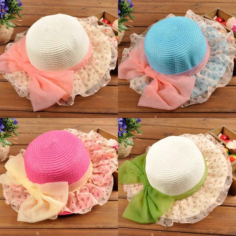 Children's Princess Sun Straw Hats Kids Girls Fashion Lace Straw Summer