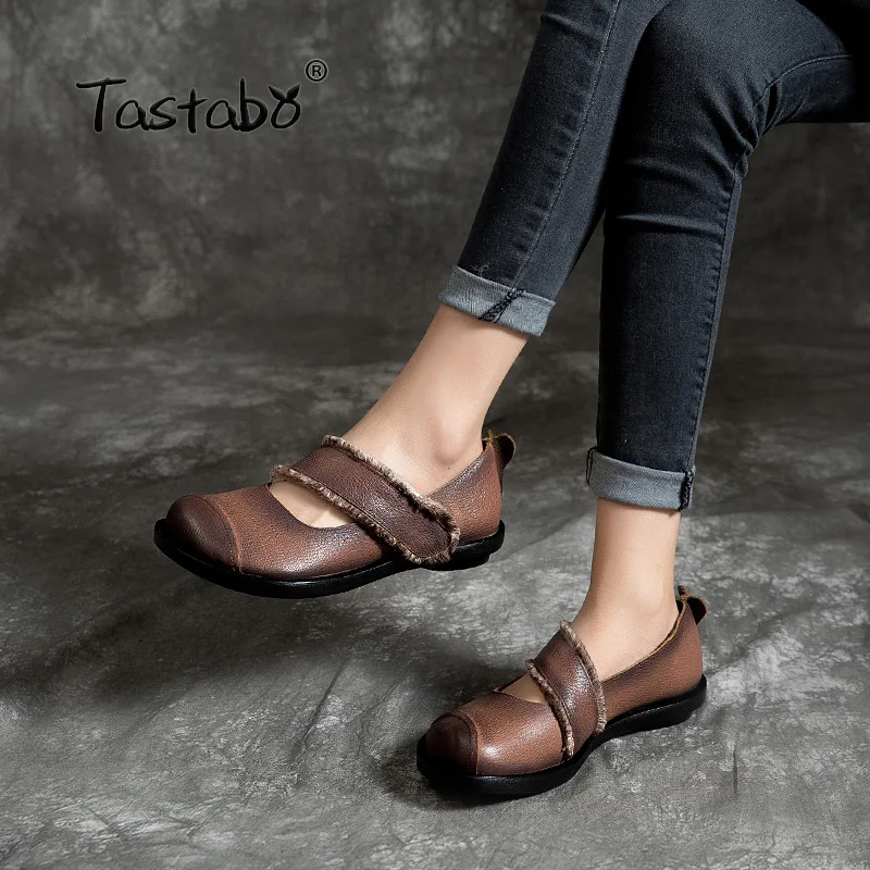 

Tastabo 100% Genuine Leather Women's shoes Hand-painted design Retro casual style SD1919-1 Brown White Black Driving shoes daily