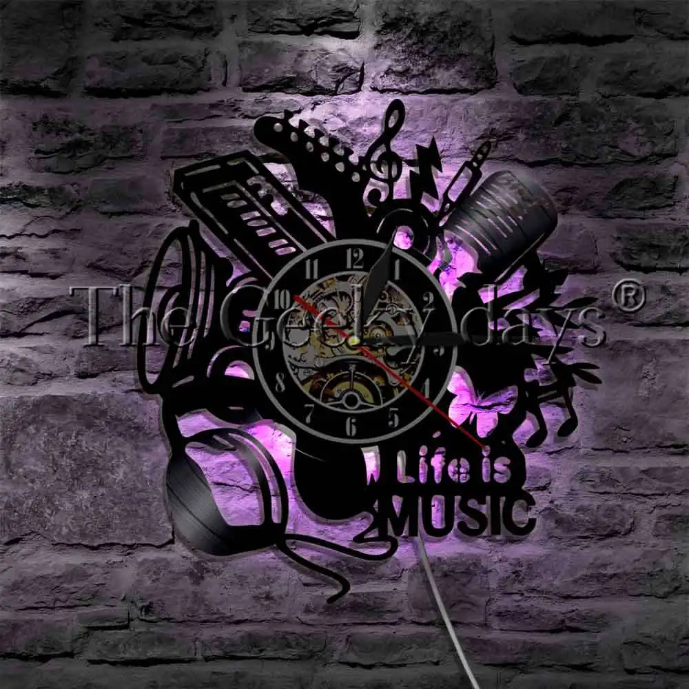 

Music Is Life Inspirational Modern LED Hanging Light Rock N Roll Music Instruments Vinyl Record Wall Clock With LED Lamp