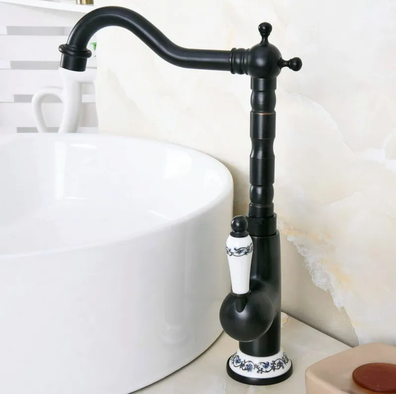 Black Oil Rubbed Bronze Ceramic Base Kitchen Wet Bar Bathroom Vessel Sink Faucet Single Hole Swivel Spout Mixer Tap anf651