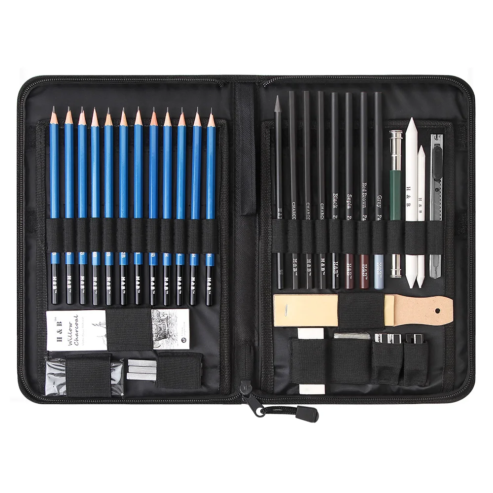 

40 Pieces Art Supplies Sketch Tool Set with Graphite Pencils, Pastel Pencils, Paper Erasable Pen and Zippered Carry Case