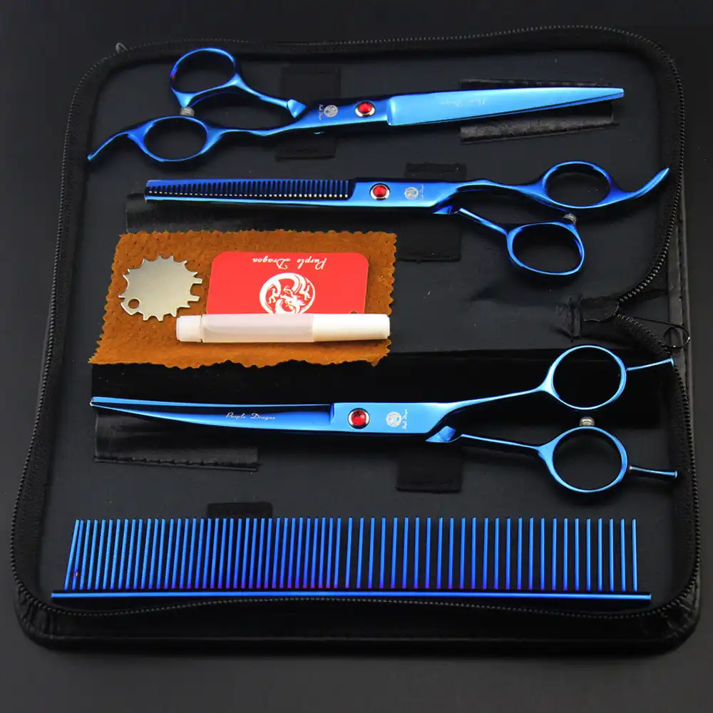 Juego de 7 Tijeras de Peluquer/ía para Mascotas Profesionales 4 Piezas de Tijeras de Corte con Mango Dorado Kit de Recortador de Peluquer/ía de Acero Inoxidable Curvado Superior E
