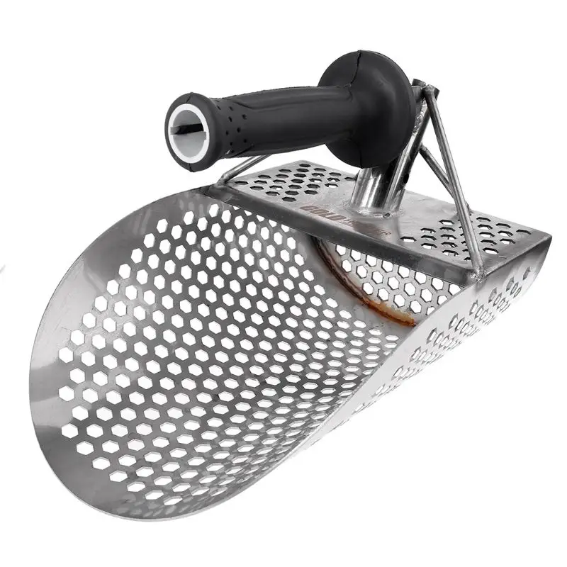

Sand Scoop for Metal Detecting, Stainless Steel with Hexahedron Holes for Beach Treasure Hunting + Plastic Handle