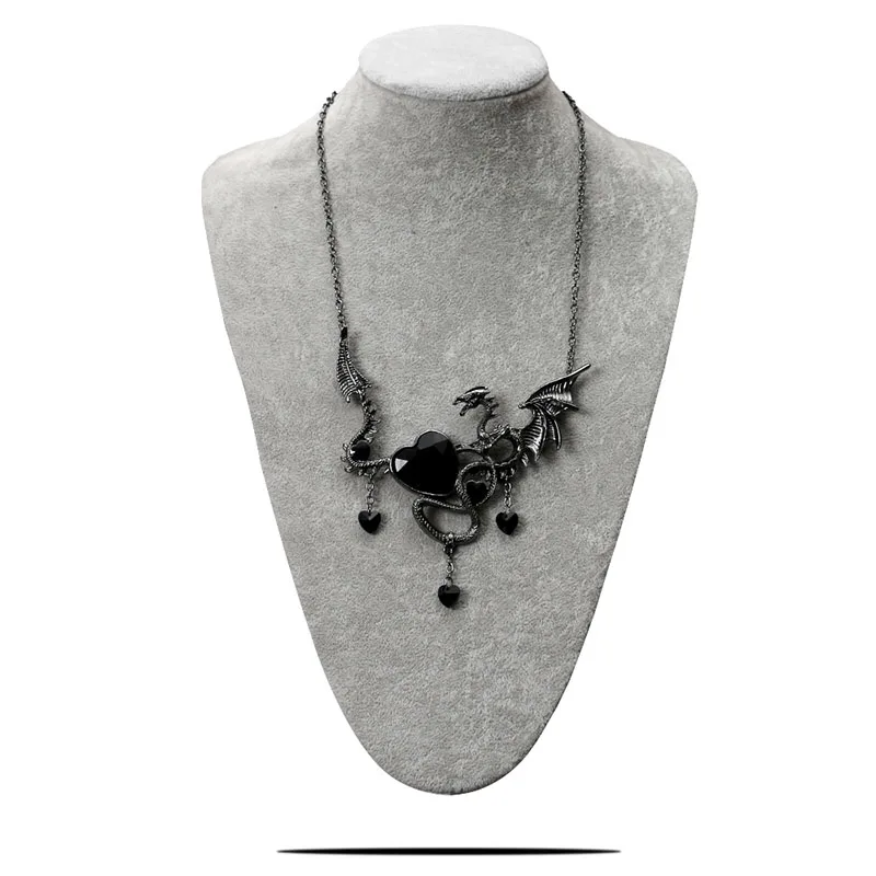 Ожерелье с драконом для женщин и мужчин Австрийские Кристальные ожерелья в виде сердца кулон индивидуальное винтажное ожерелье, ювелирные аксессуары подарок на Хэллоуин - Окраска металла: black
