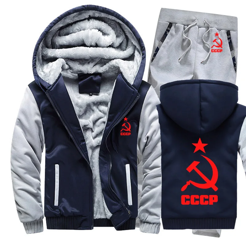 Зимний флисовый утолщенный спортивный костюм CCCP, русские толстовки с капюшоном, мужской комплект, повседневный теплый комплект из 2 предметов, толстовки с капюшоном в советском стиле, куртка+ штаны