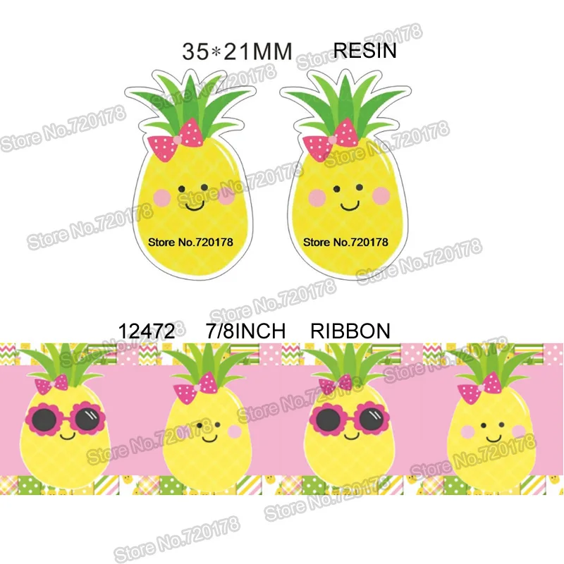

printed cartoon pineapple grosgrain ribbon and resin sets 7/8inch 50yard ribbon and 50pcs resin 1 set REB73