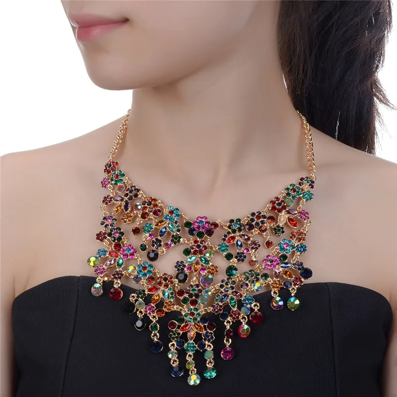 

JEROLLN Fashion Jewelry Set Women Bohemian Layered Choker Crystals Necklace Bracelet Colorful Statement Necklaces Bracelet Gold
