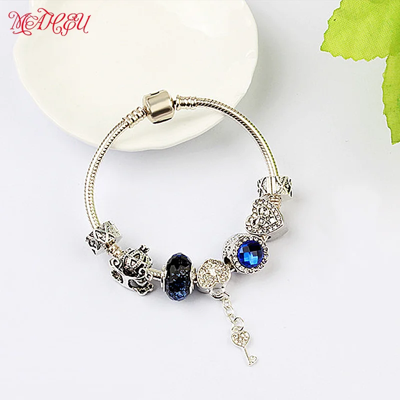 MaHeu European Style Vintage Silver Plated Crystal Charm Bracelet Women